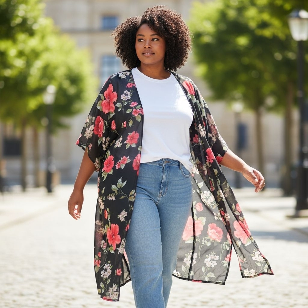Witchy, WhimsyGoth, Liberty Love Black Kimono with Floral Accents